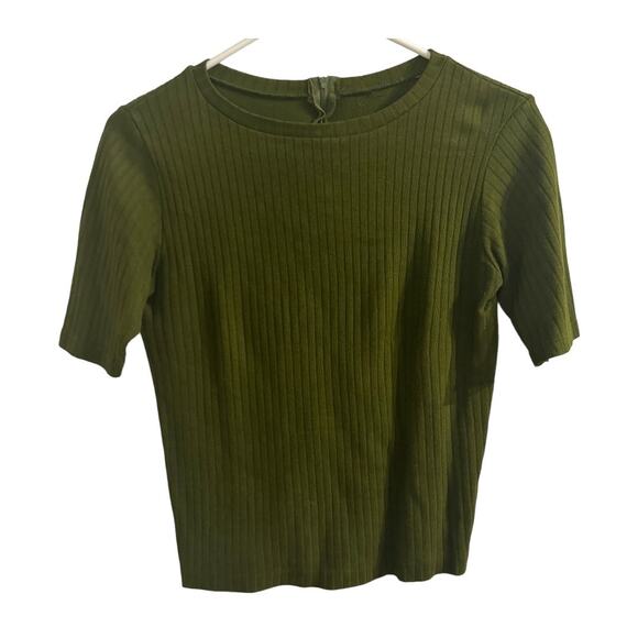 Cropped Army Green Mid Sleeve Ribbed Crewneck Top Zipper Back Size Small - Picture 2 of 6